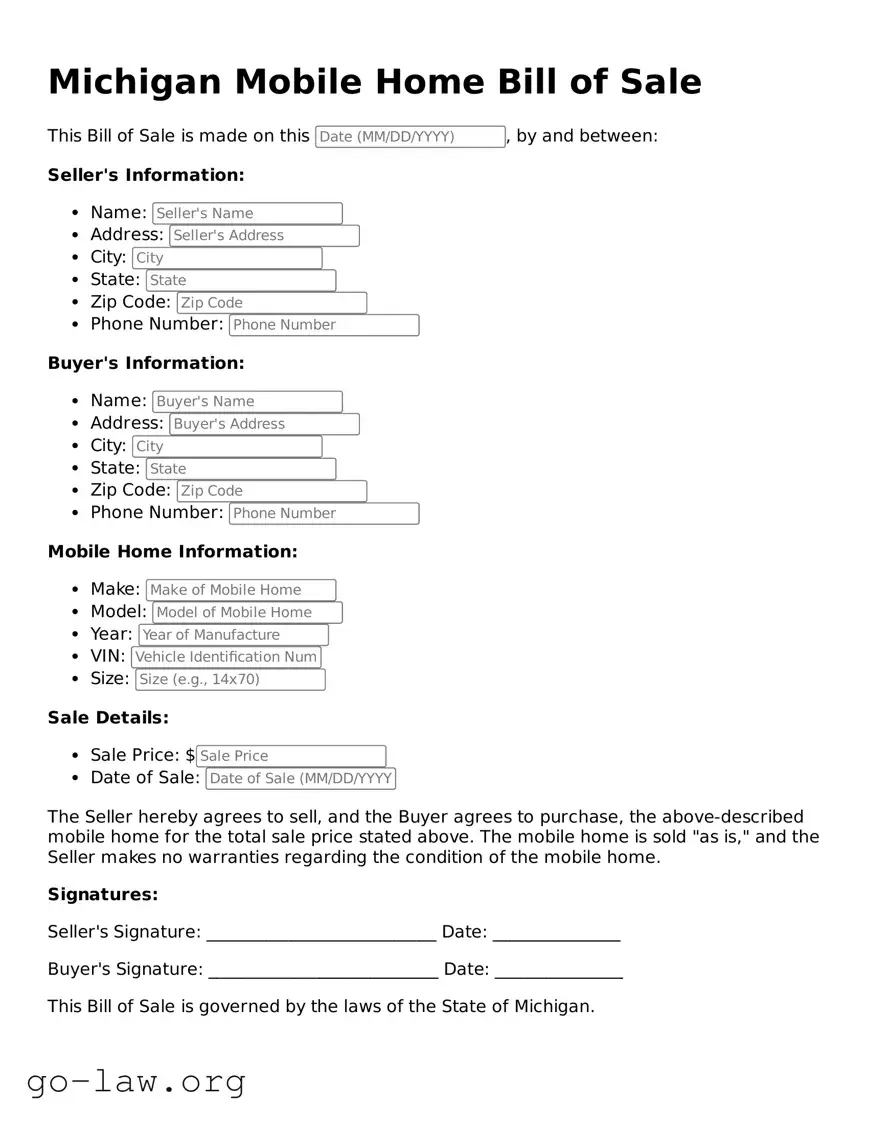 Fillable Michigan Mobile Home Bill of Sale Form