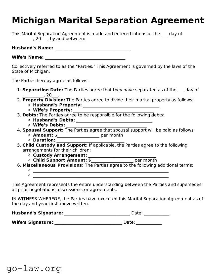 Fillable Michigan Marital Separation Agreement Form