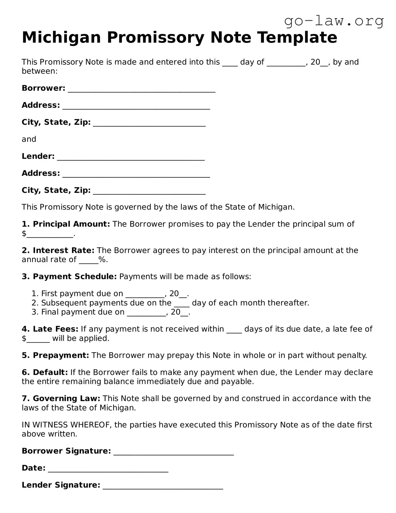 Fillable Michigan Promissory Note Form