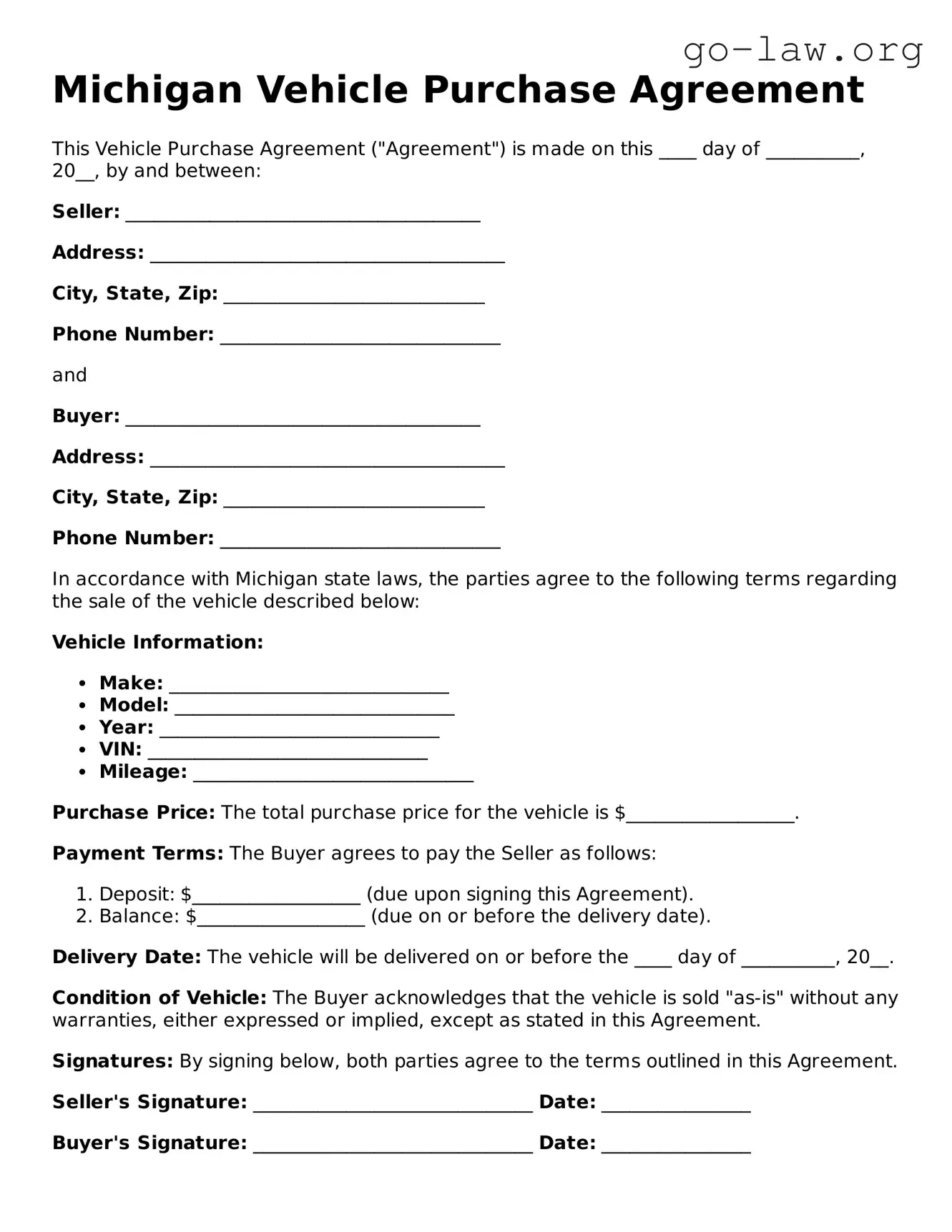 Fillable Michigan Vehicle Purchase Agreement Form
