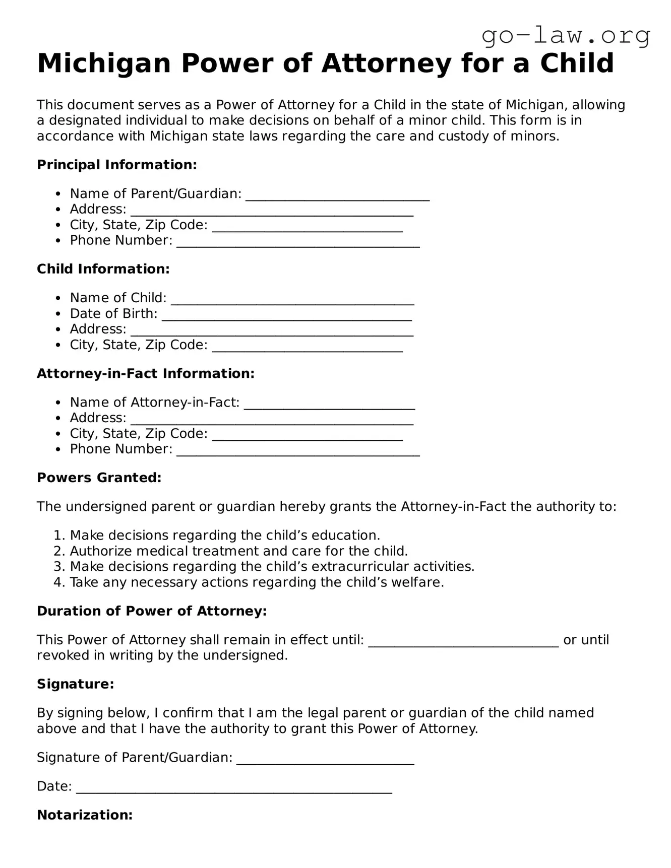 Fillable Michigan Power of Attorney for a Child Form