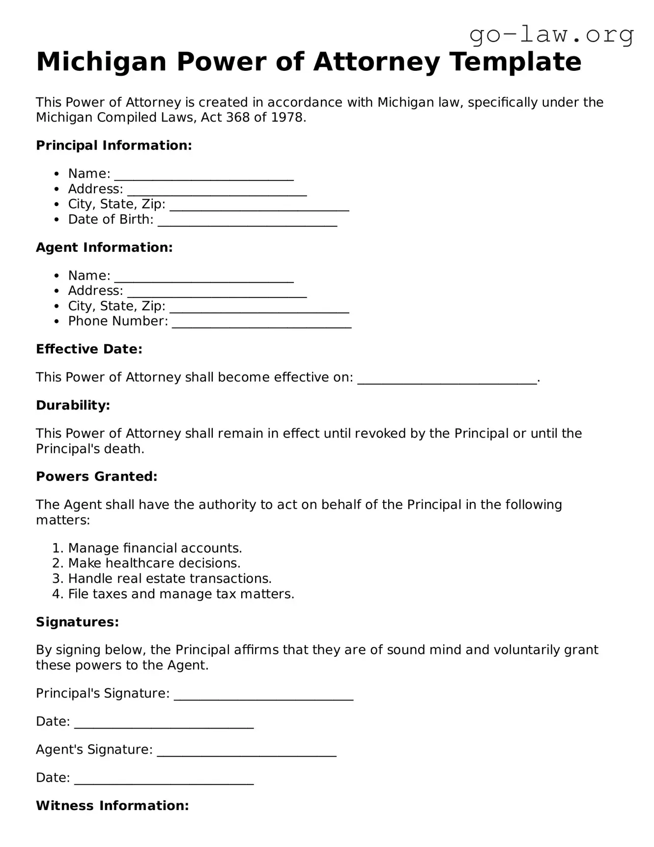 Fillable Michigan Power of Attorney Form