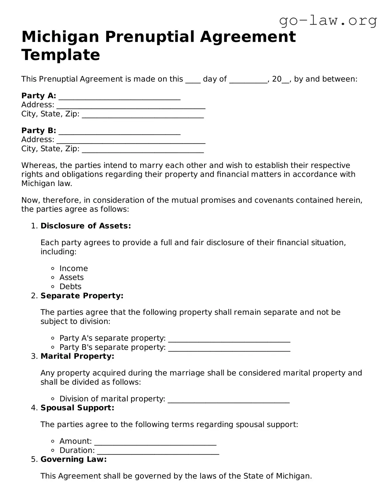 Fillable Michigan Prenuptial Agreement Form