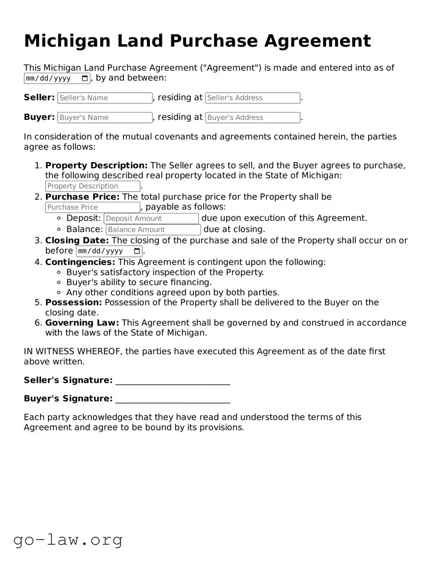 Fillable Michigan Land Purchase Agreement Form