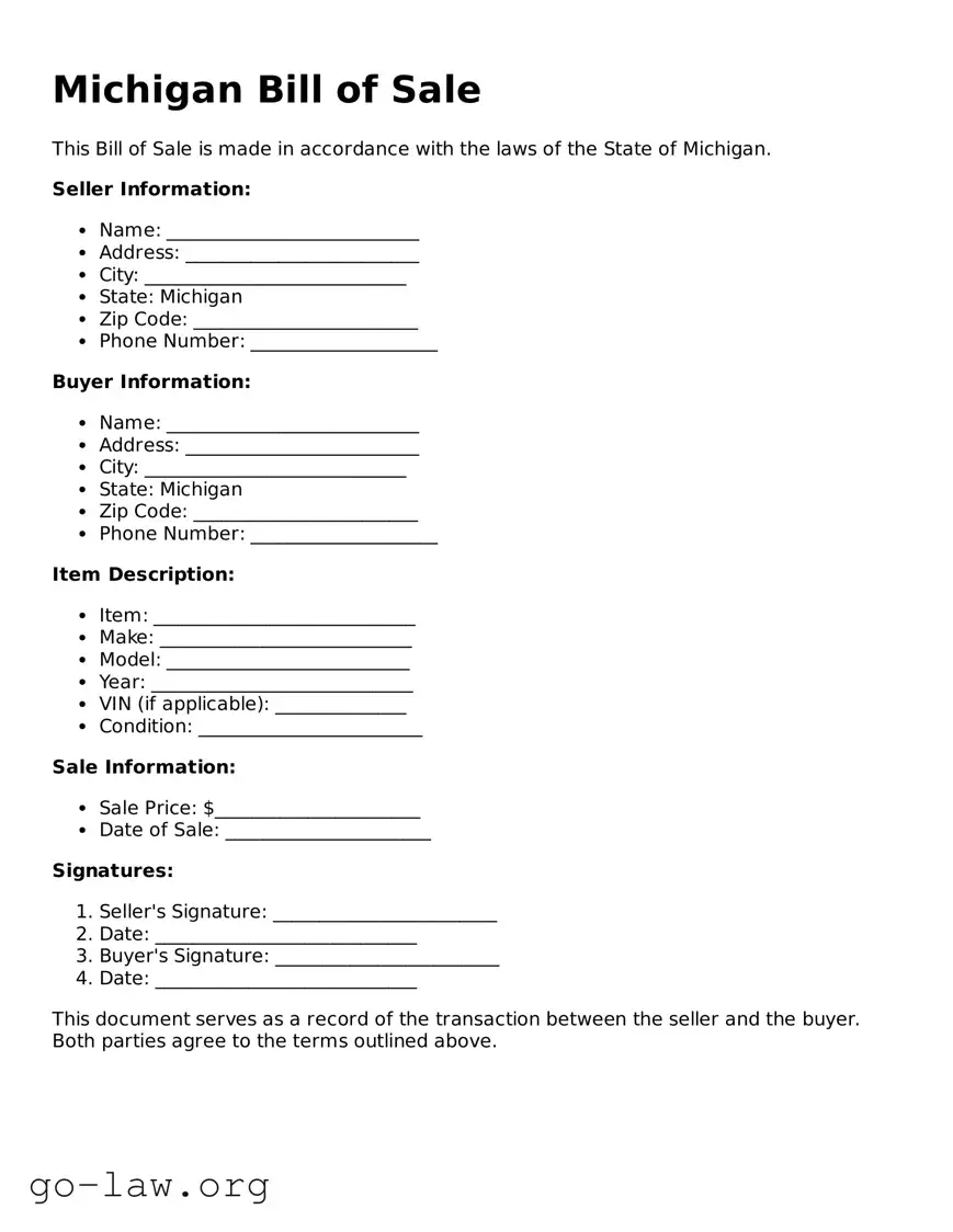 Fillable Michigan Bill of Sale Form