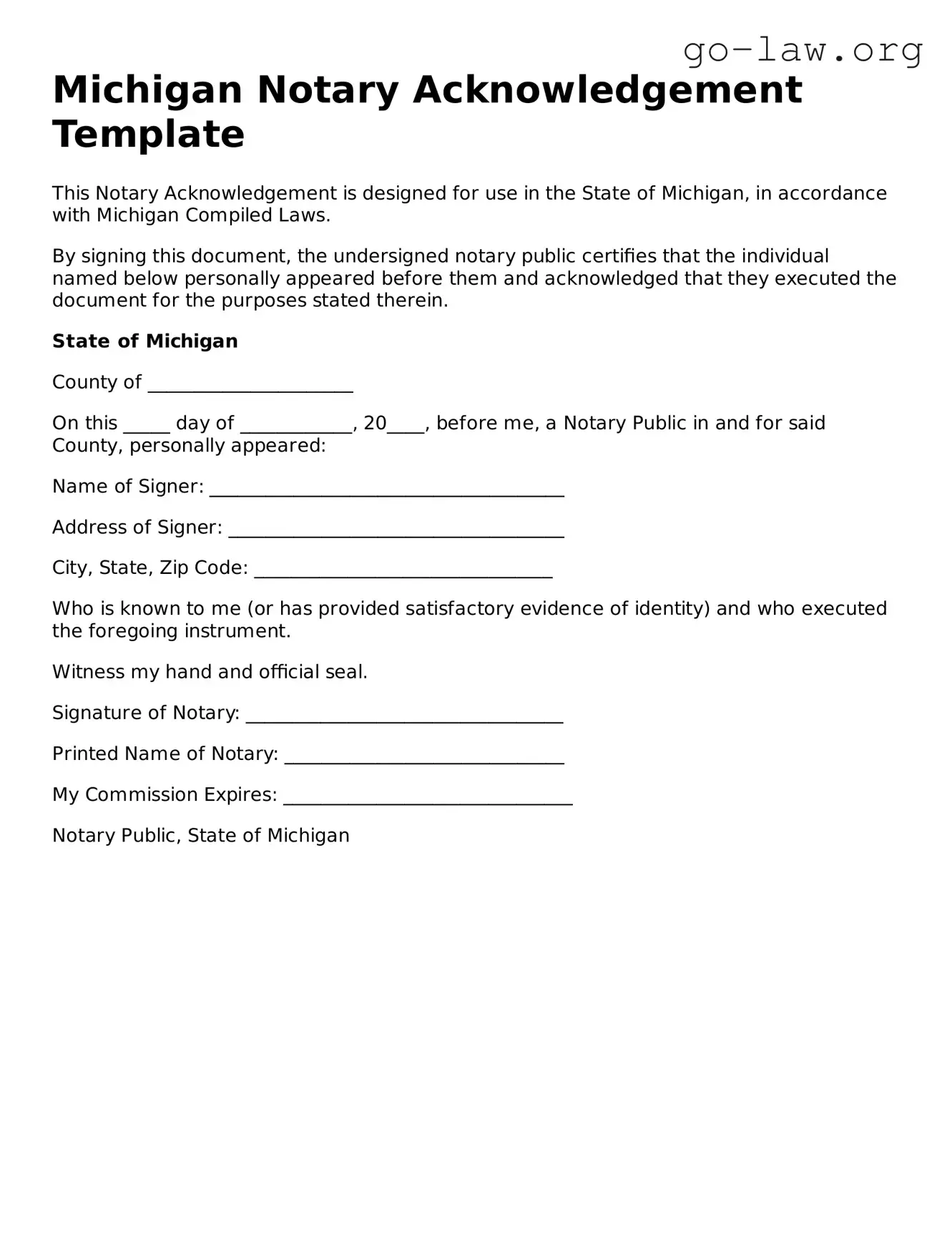 Fillable Michigan Notary Acknowledgement Form