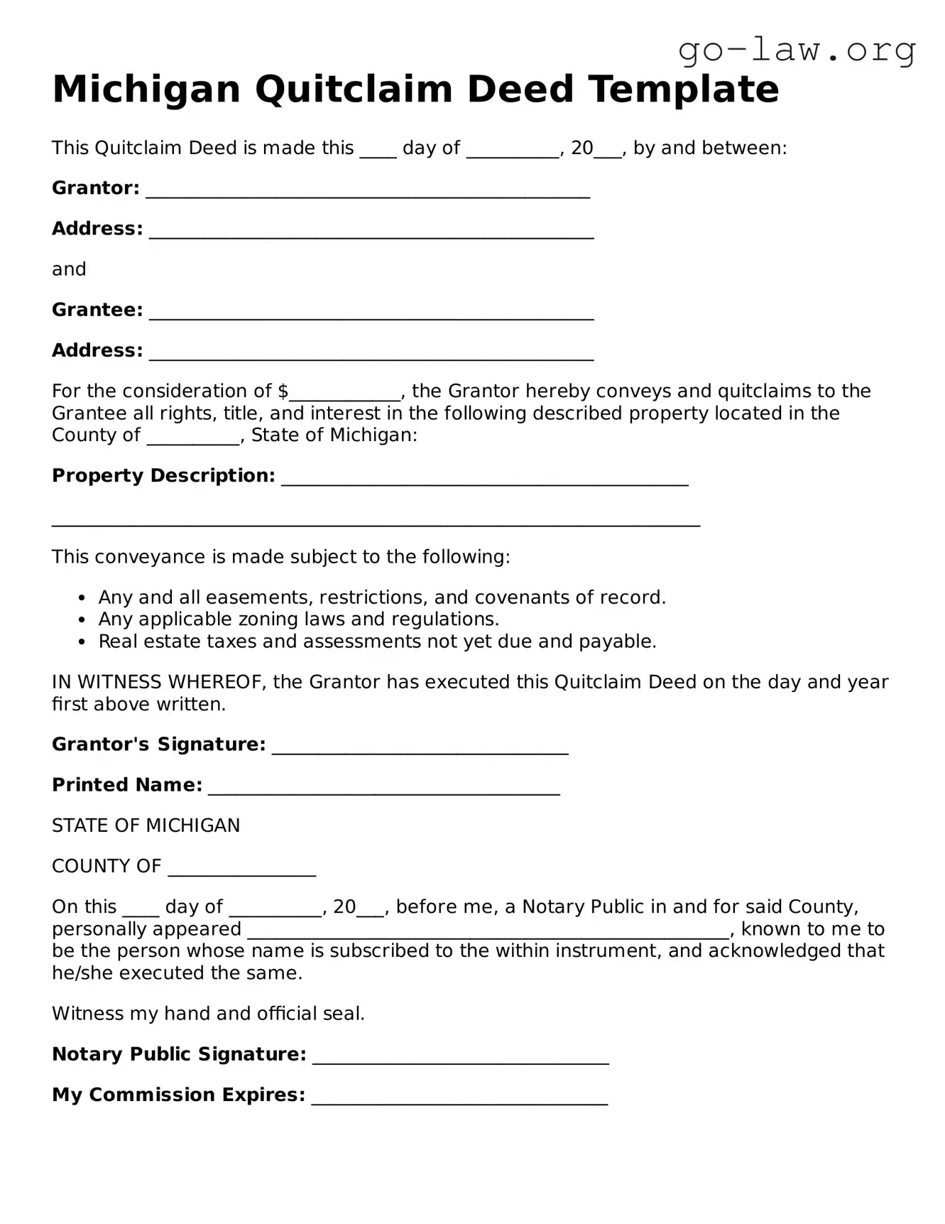 Fillable Michigan Quitclaim Deed Form