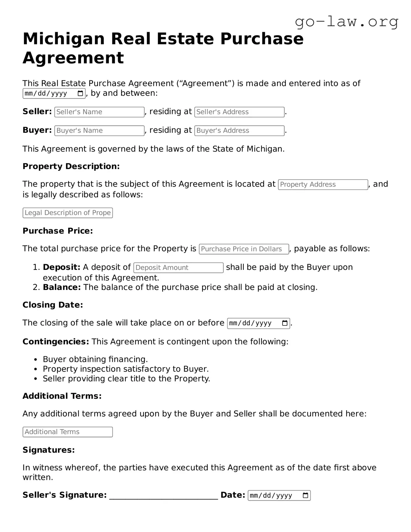 Fillable Michigan Real Estate Purchase Agreement Form