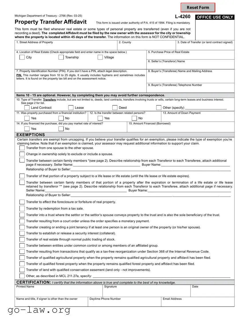 Download Michigan Property Transfer Affidavit 2766 Form in PDF