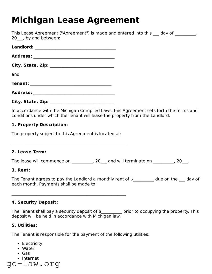Fillable Michigan Lease Agreement Form