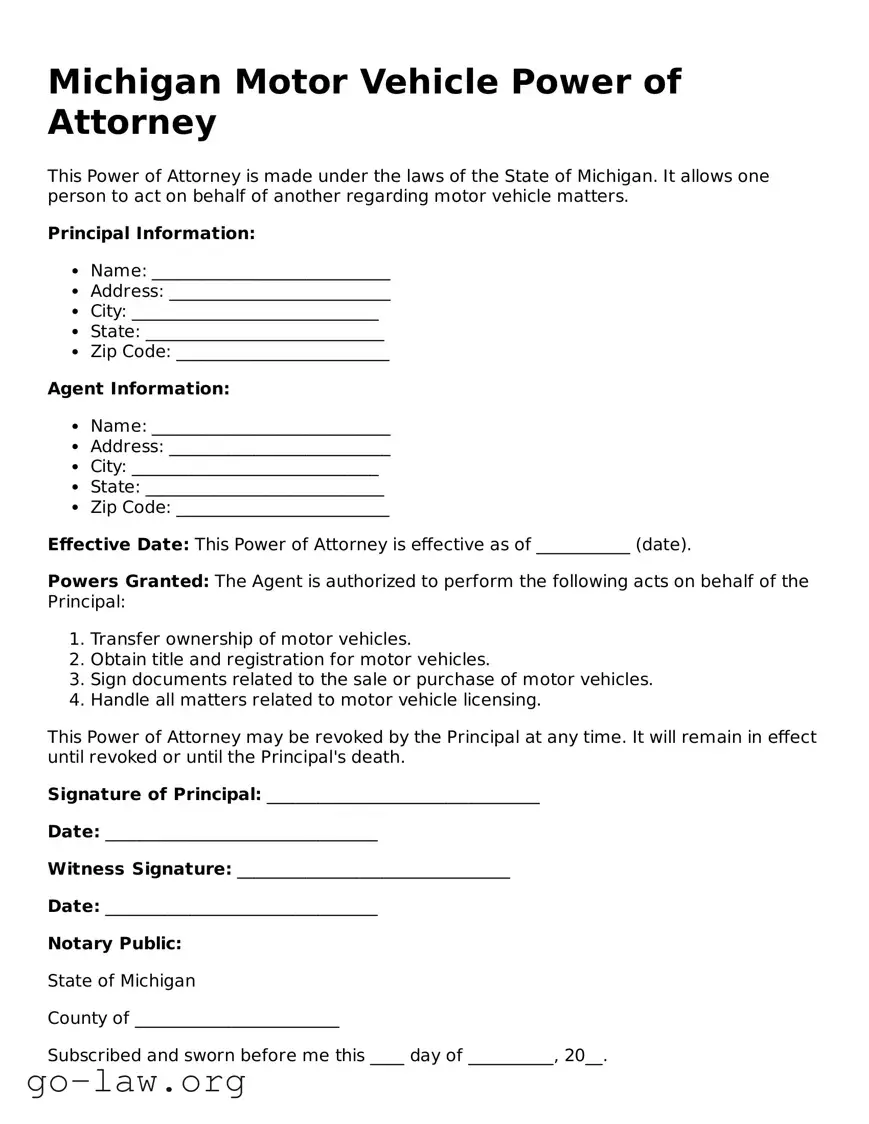 Fillable Michigan Motor Vehicle Power of Attorney Form