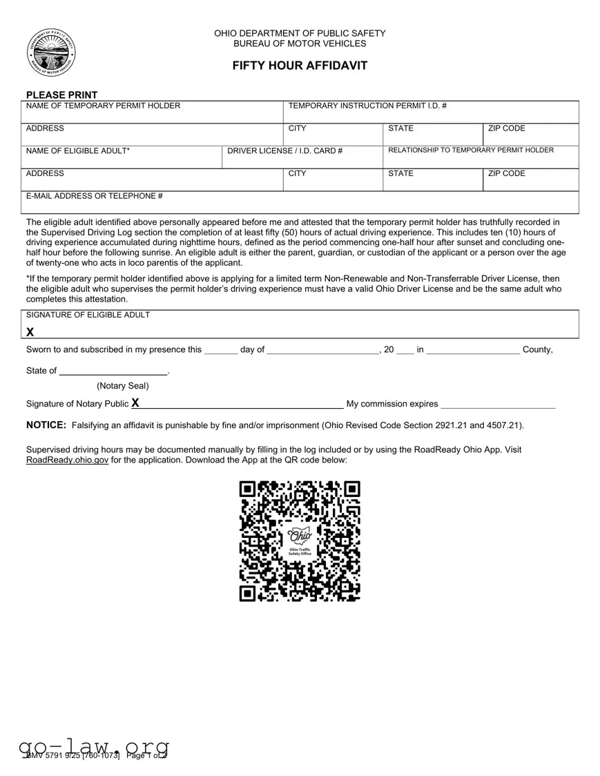 Download Driving Fifty Hour Affidavit Form in PDF