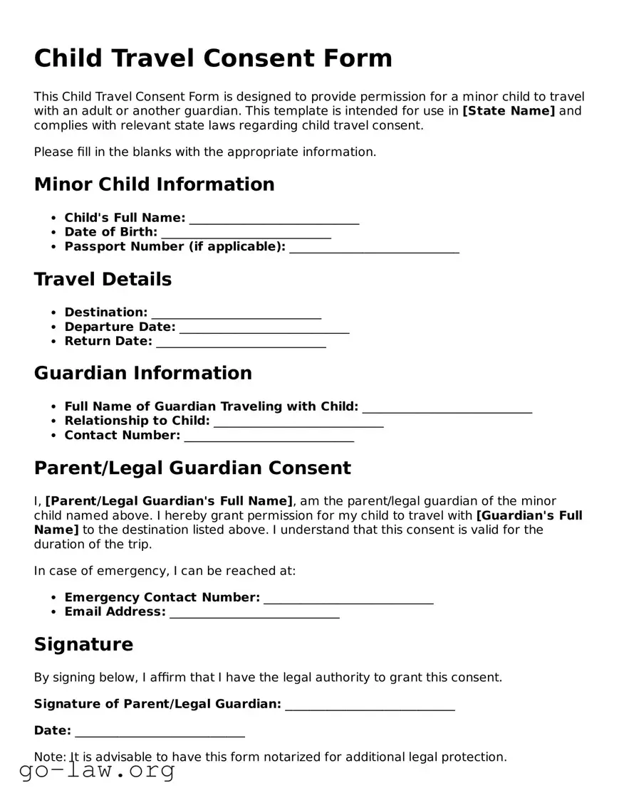 Blank Child Travel Consent Form Template