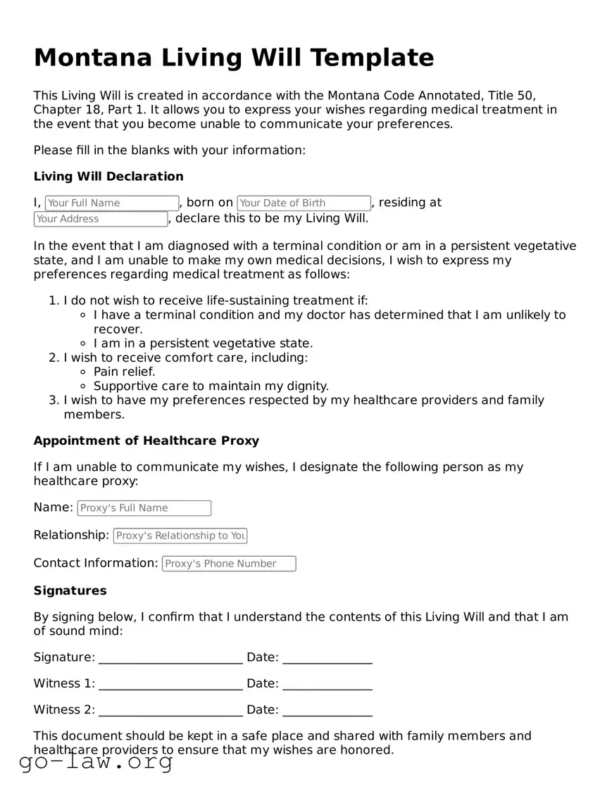 Fillable Montana Living Will Form
