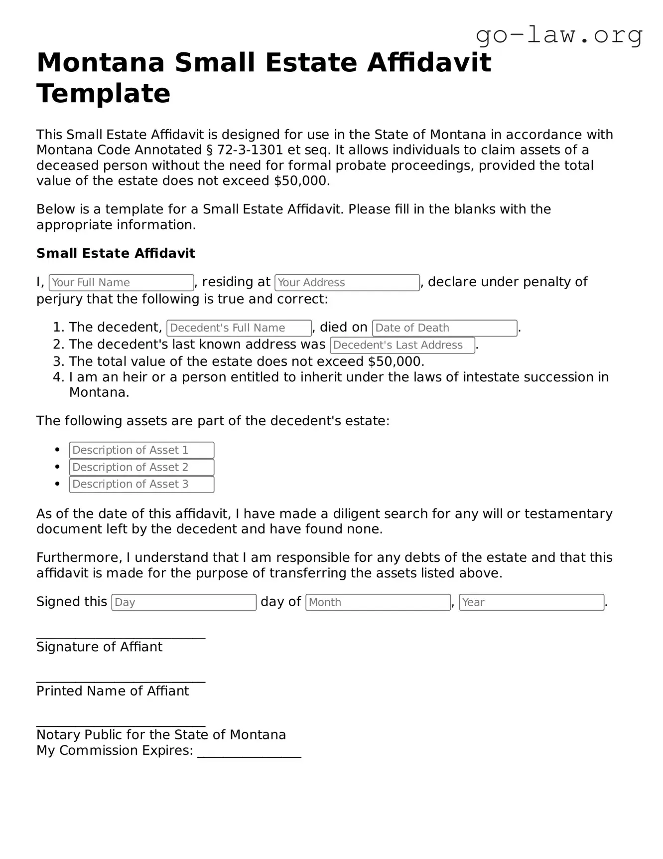 Fillable Montana Small Estate Affidavit Form