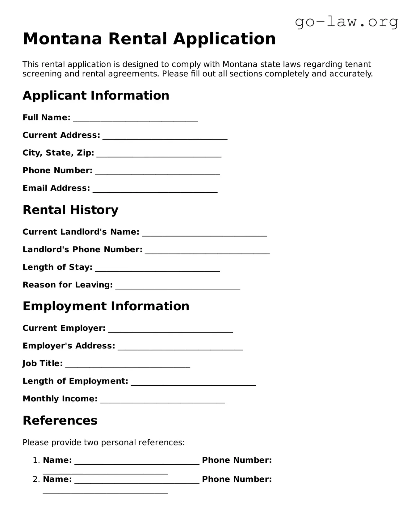Fillable Montana Rental Application Form