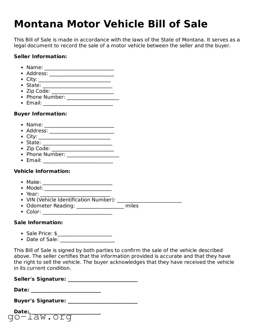 Fillable Montana Motor Vehicle Bill of Sale Form