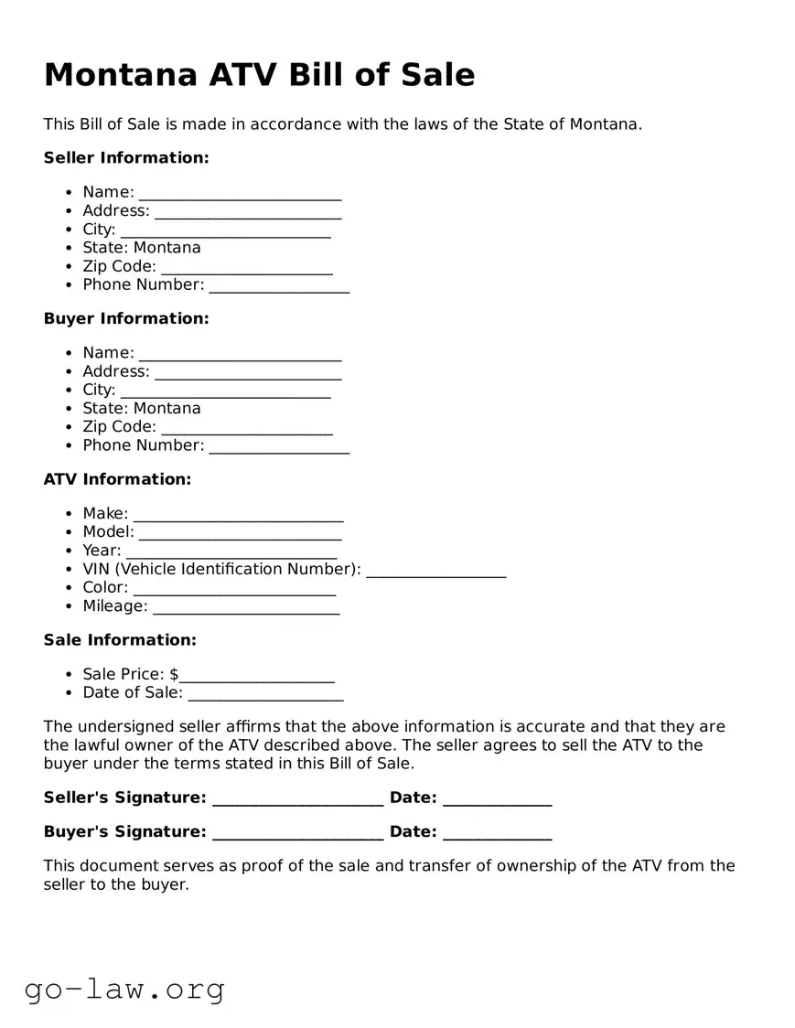 Fillable Montana ATV Bill of Sale Form