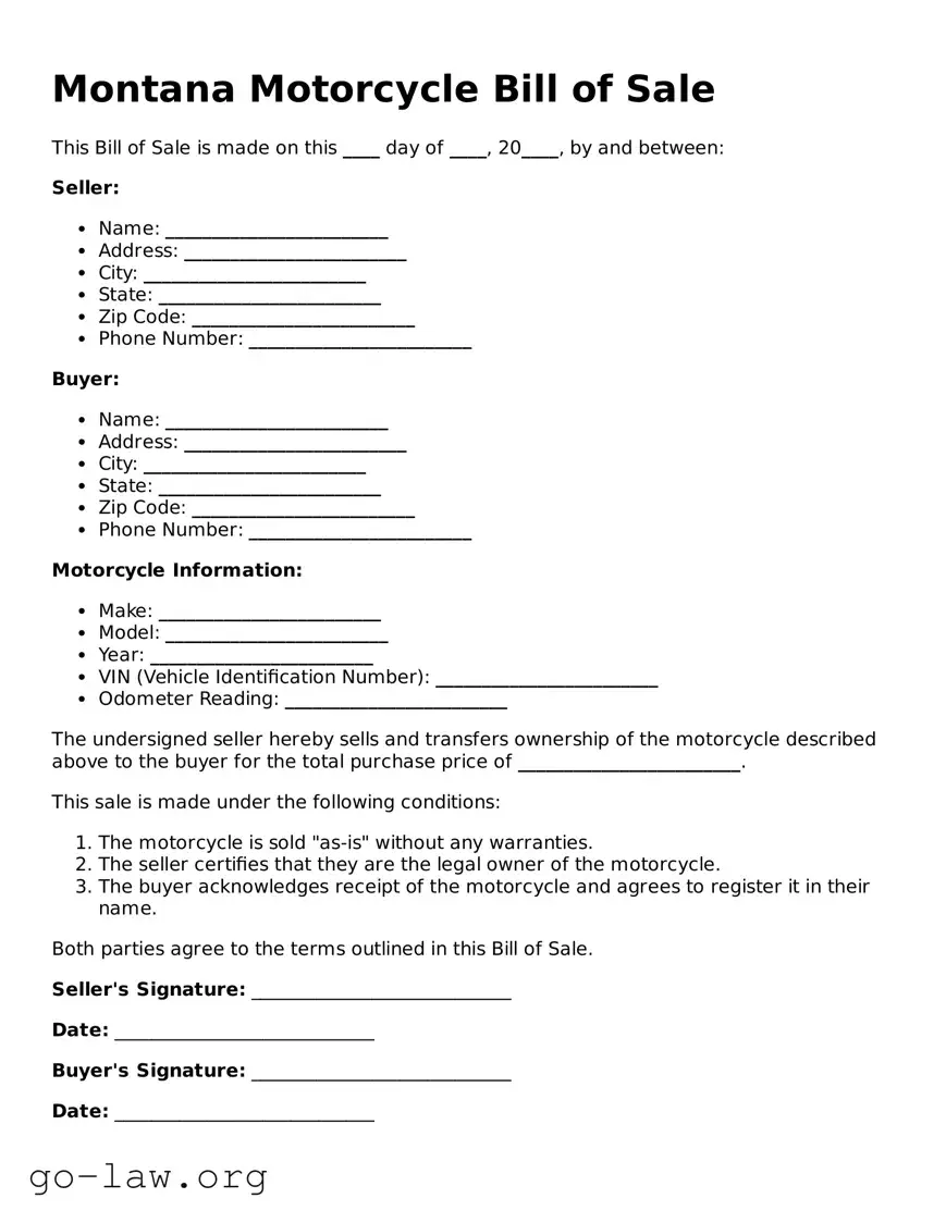 Fillable Montana Motorcycle Bill of Sale Form