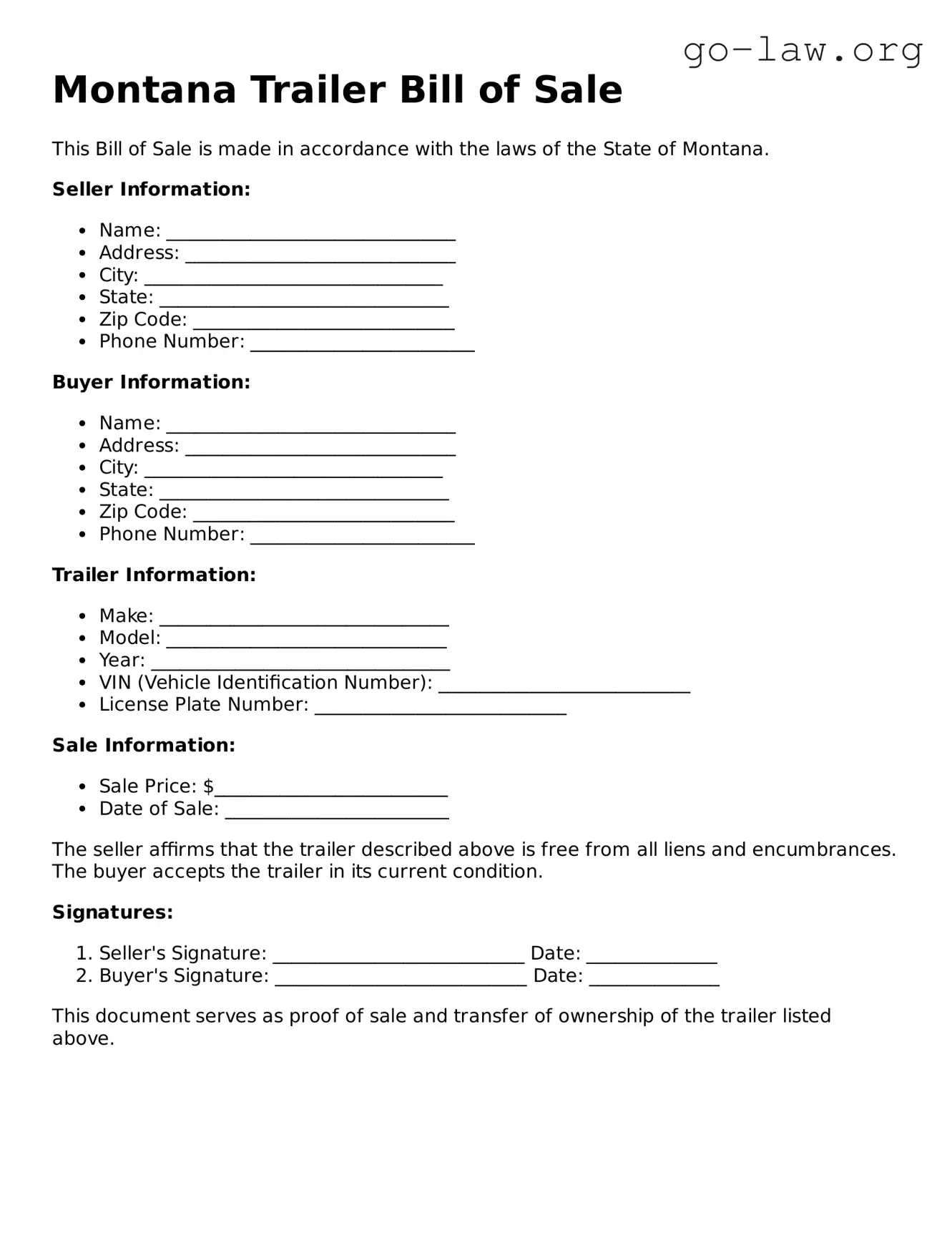 Fillable Montana Trailer Bill of Sale Form