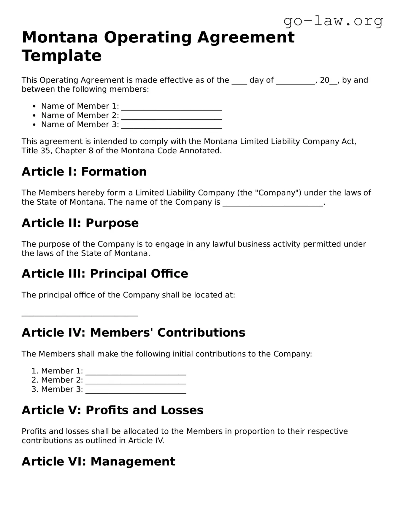 Fillable Montana Operating Agreement Form