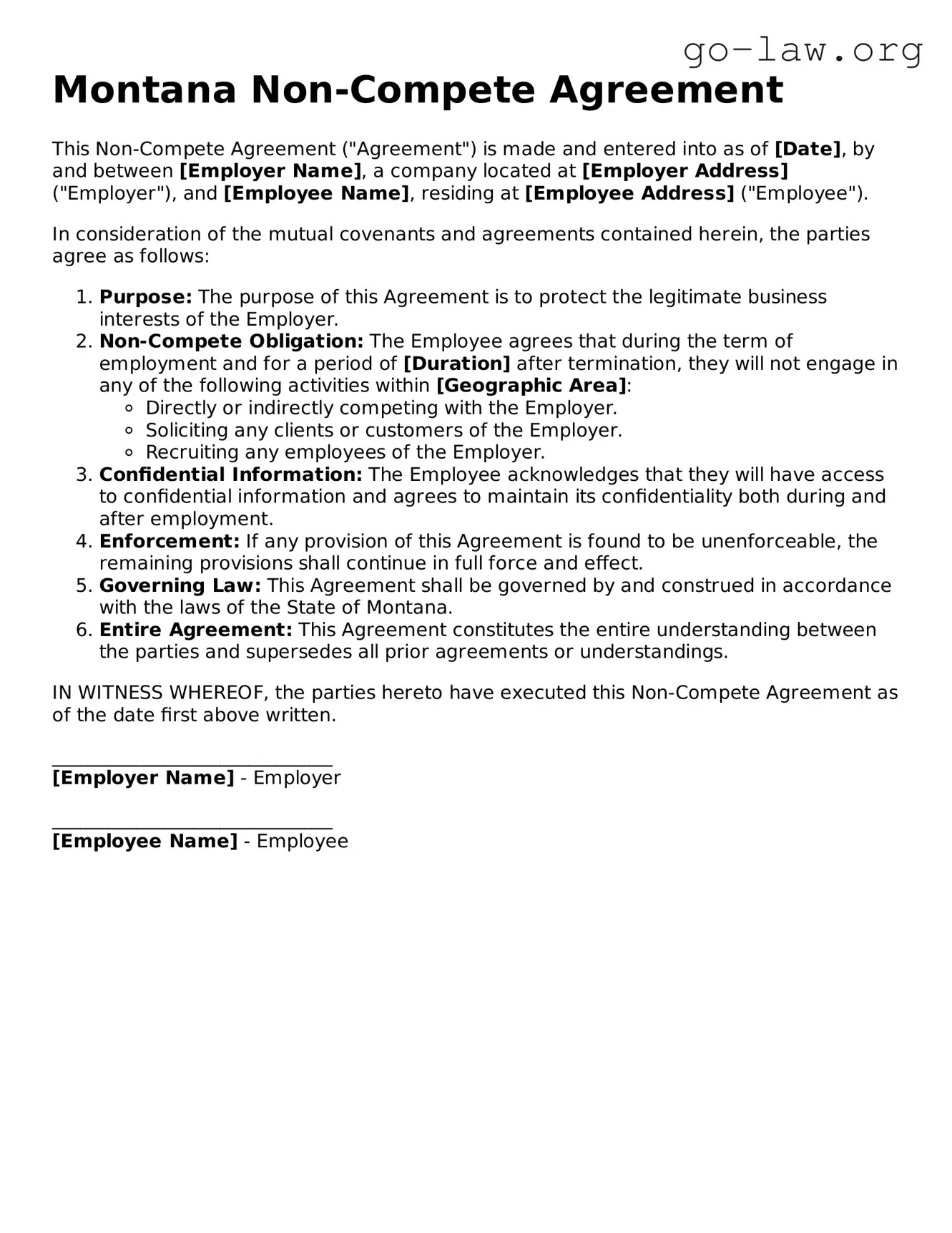 Fillable Montana Non-compete Agreement Form