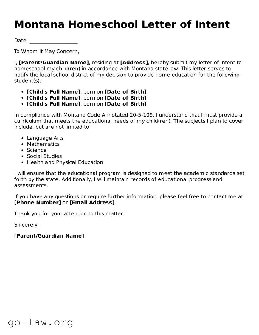 Fillable Montana Homeschool Letter of Intent Form
