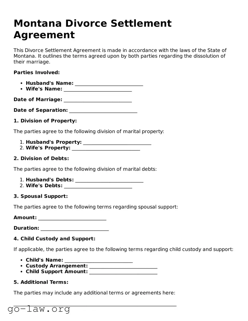 Fillable Montana Divorce Settlement Agreement Form
