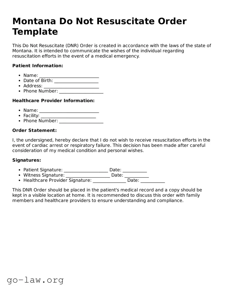 Fillable Montana Do Not Resuscitate Order Form