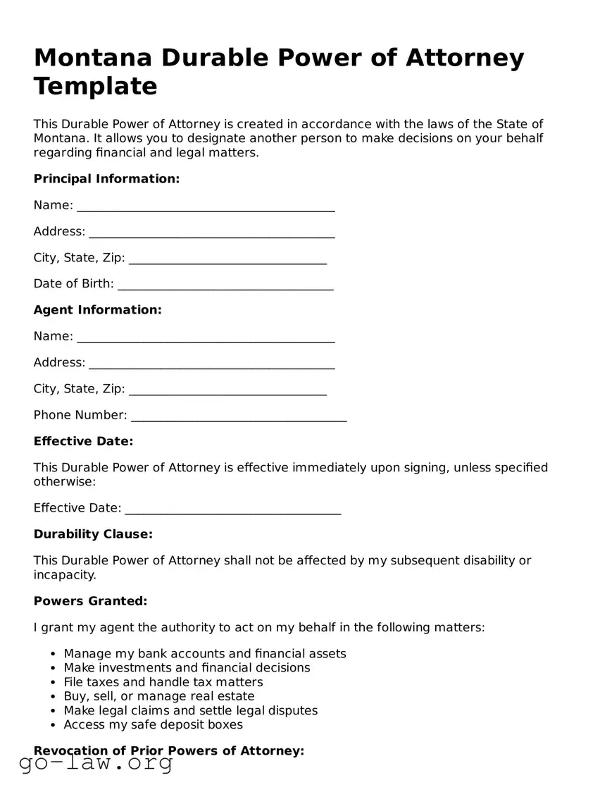 Fillable Montana Durable Power of Attorney Form