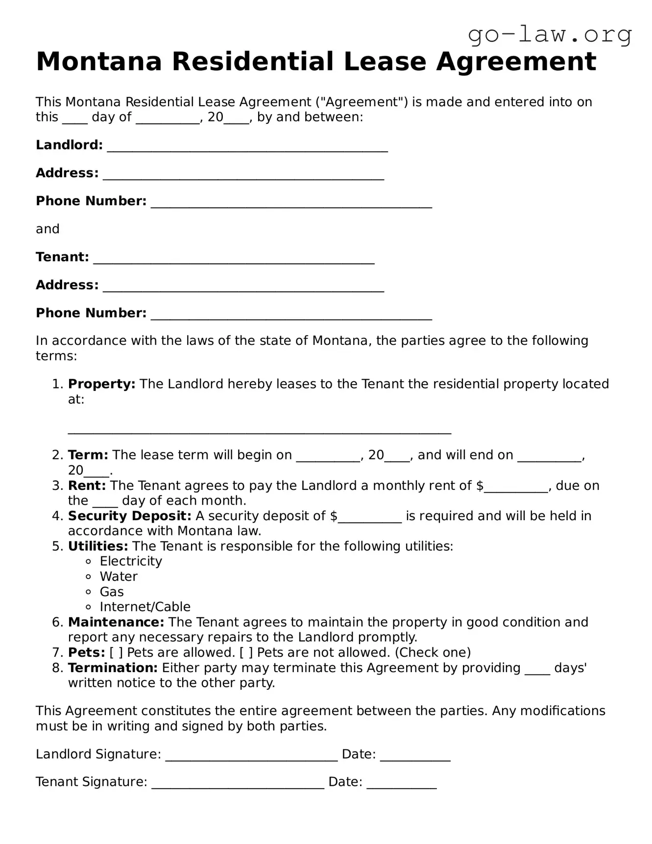 Fillable Montana Residential Lease Agreement Form