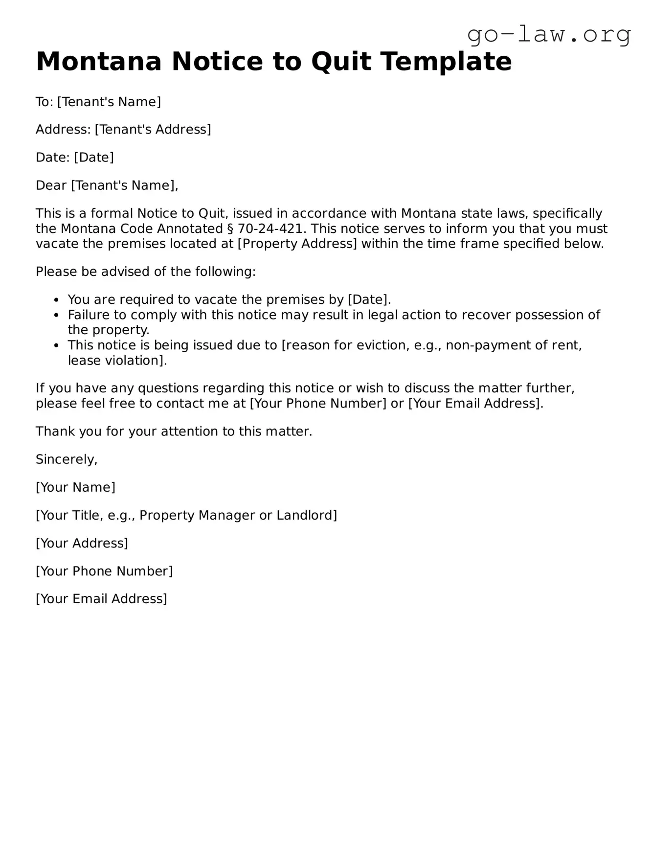 Fillable Montana Notice to Quit Form