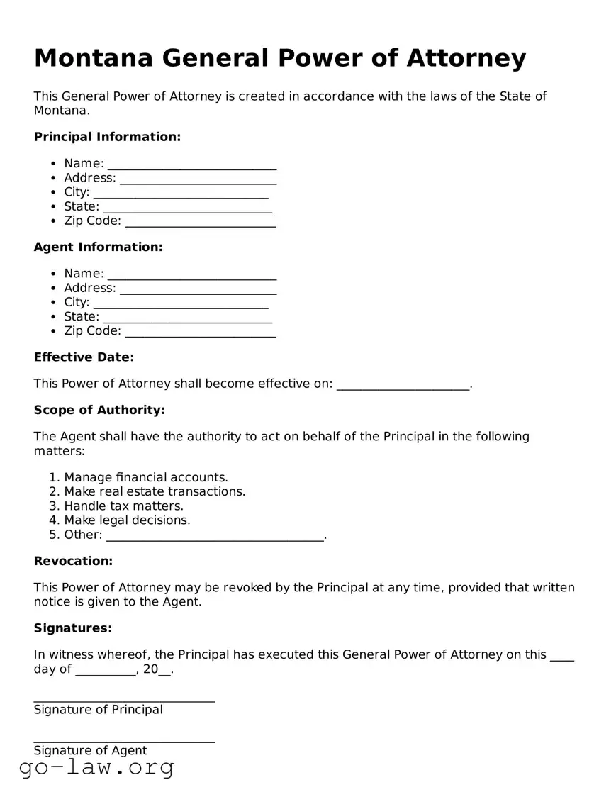 Fillable Montana General Power of Attorney Form
