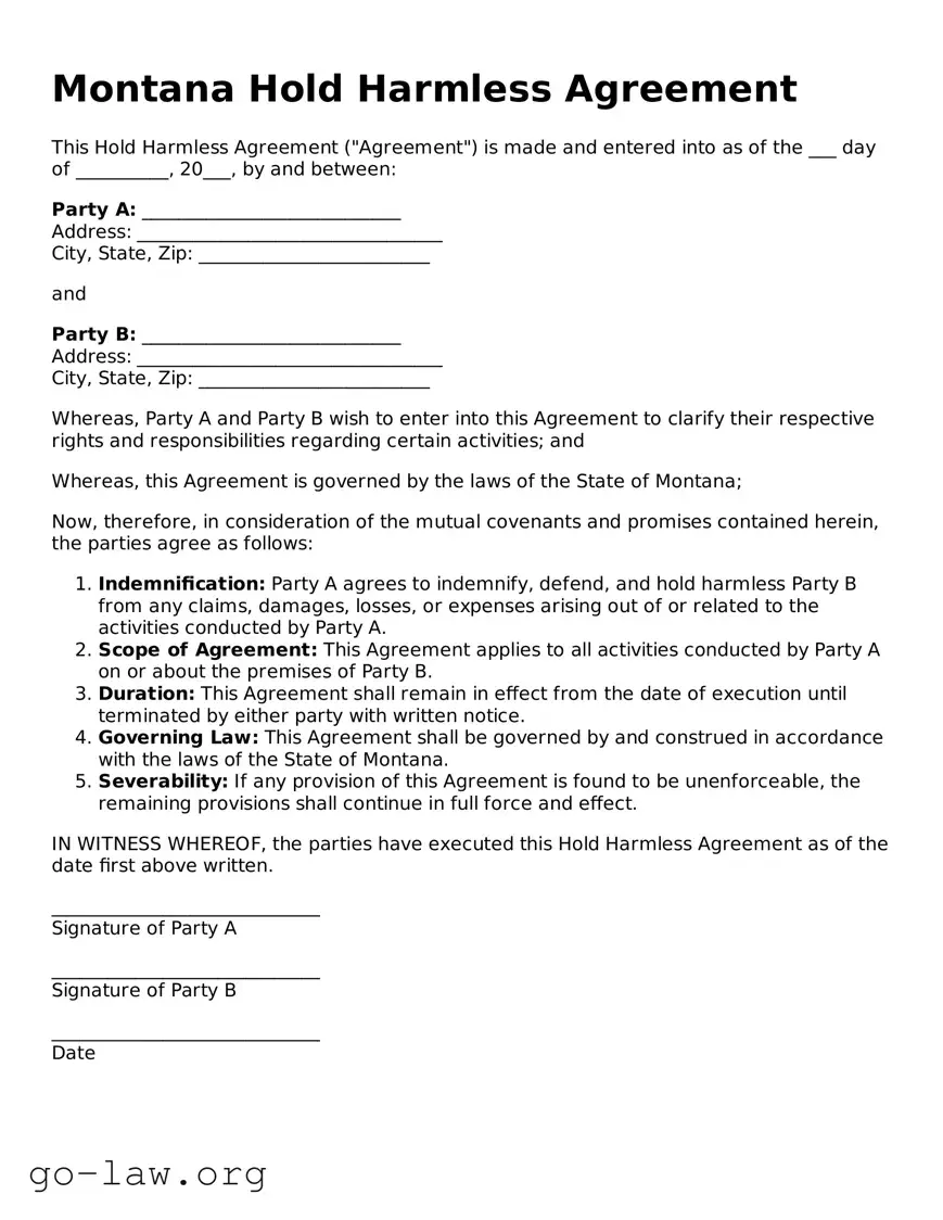 Fillable Montana Hold Harmless Agreement Form