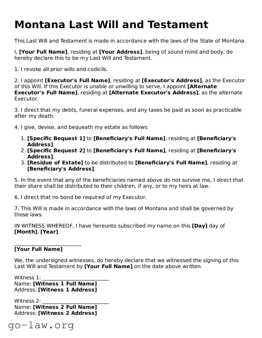 Fillable Montana Last Will and Testament Form