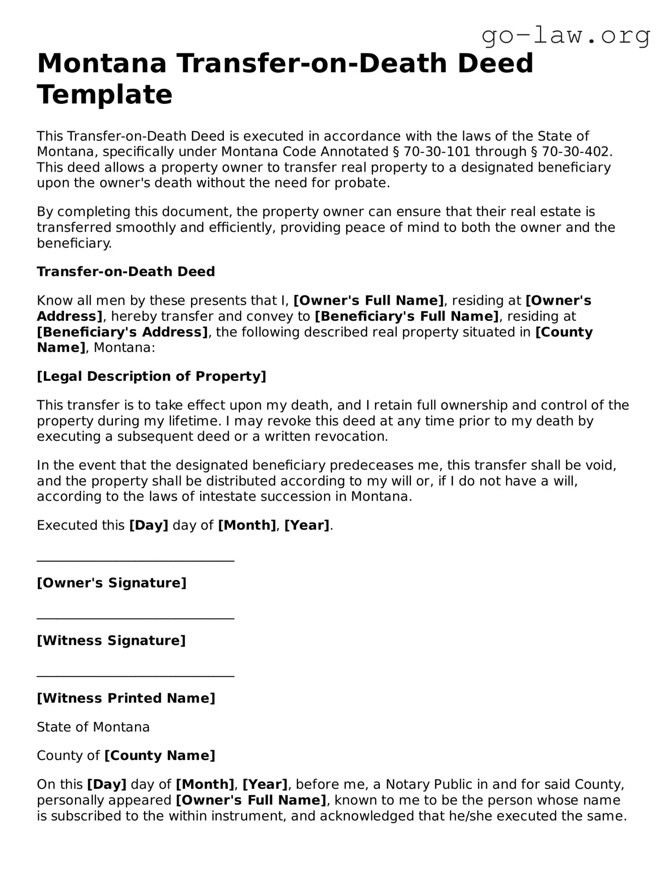 Fillable Montana Transfer-on-Death Deed Form