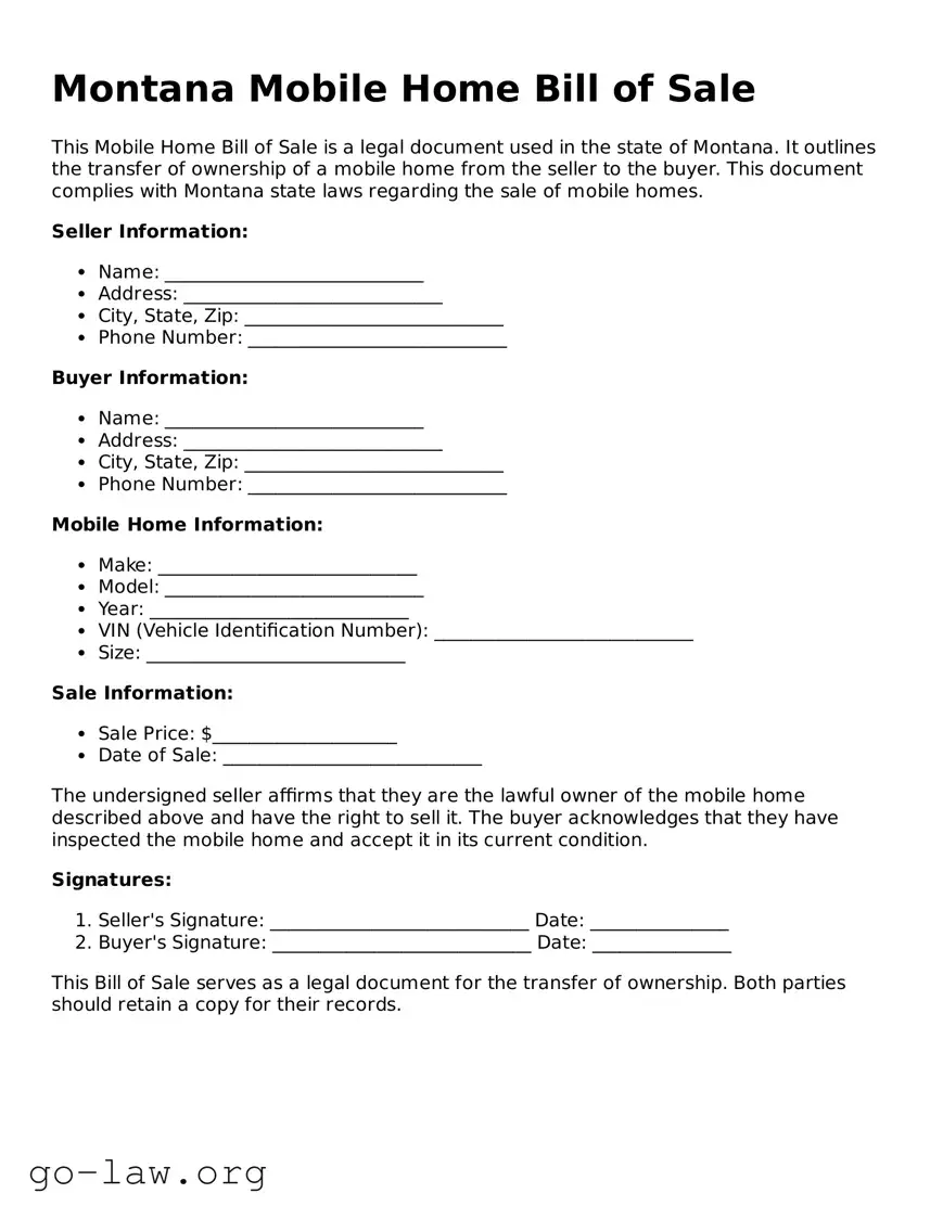Fillable Montana Mobile Home Bill of Sale Form