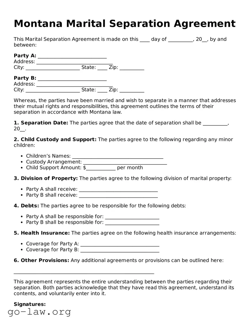 Fillable Montana Marital Separation Agreement Form
