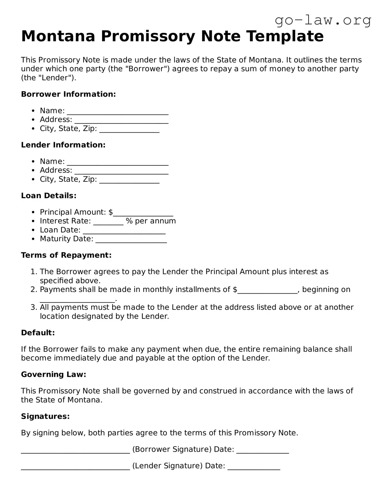 Fillable Montana Promissory Note Form