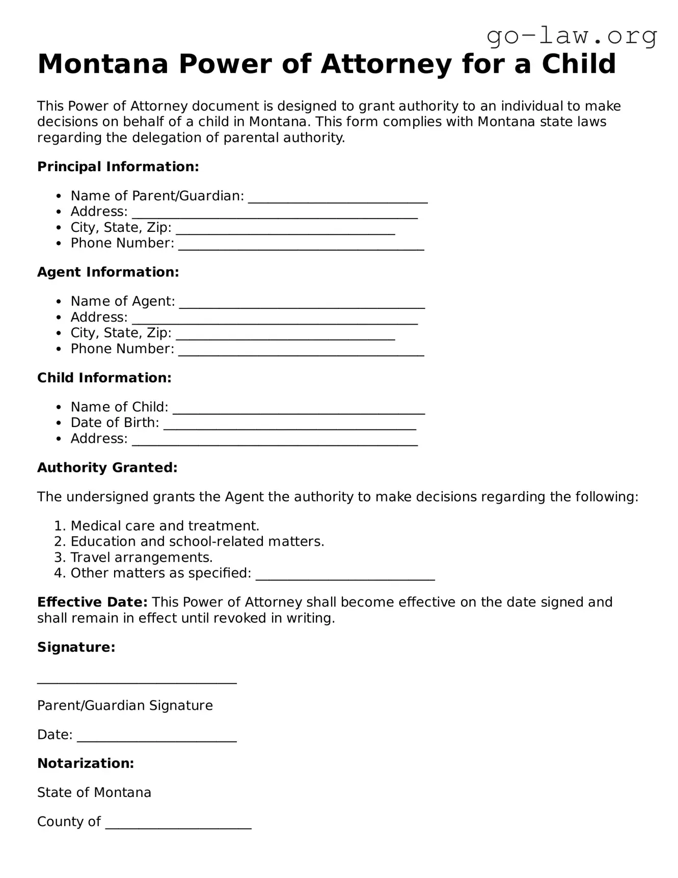Fillable Montana Power of Attorney for a Child Form