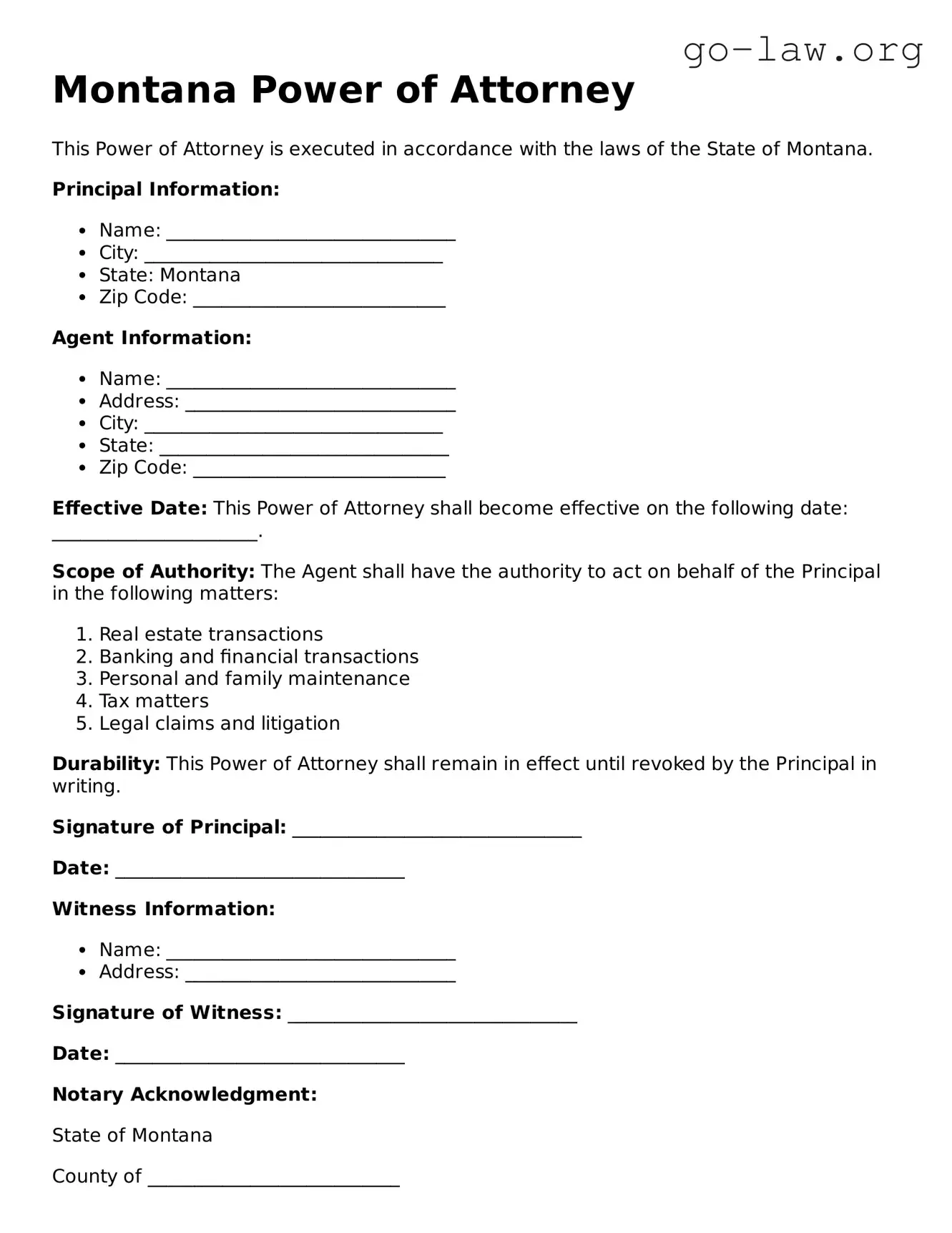 Fillable Montana Power of Attorney Form