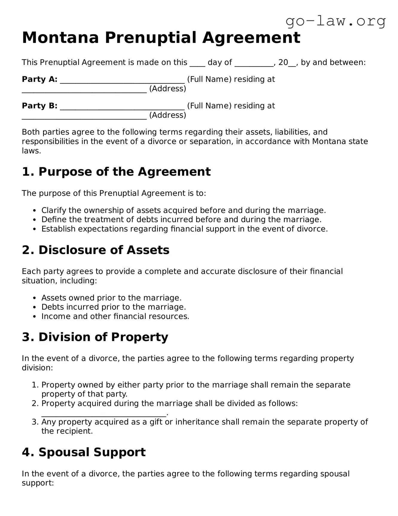 Fillable Montana Prenuptial Agreement Form