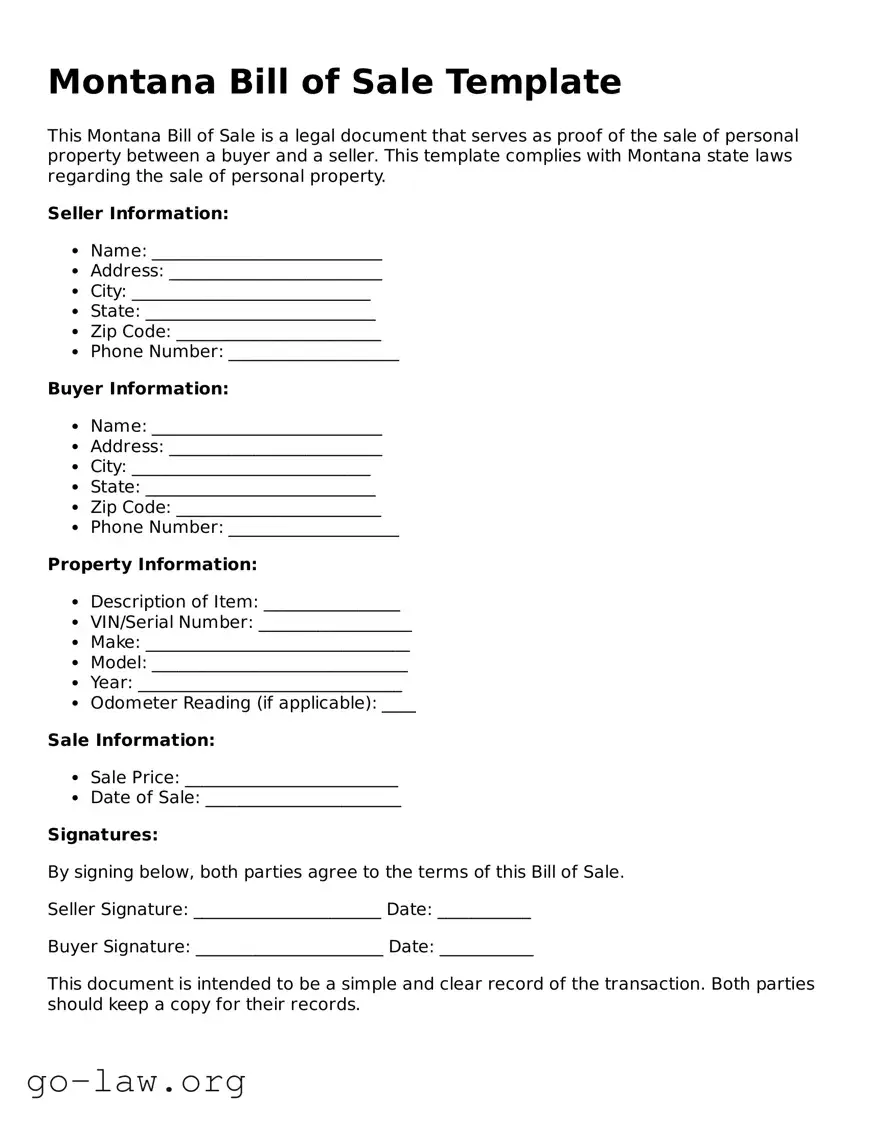 Fillable Montana Bill of Sale Form