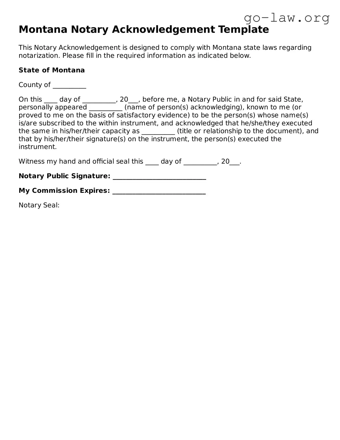 Fillable Montana Notary Acknowledgement Form