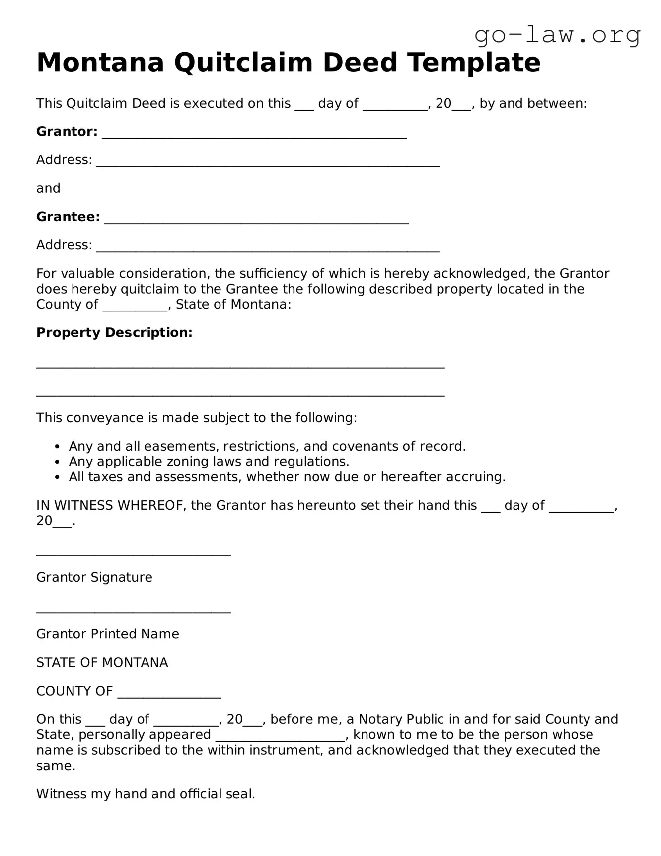 Fillable Montana Quitclaim Deed Form