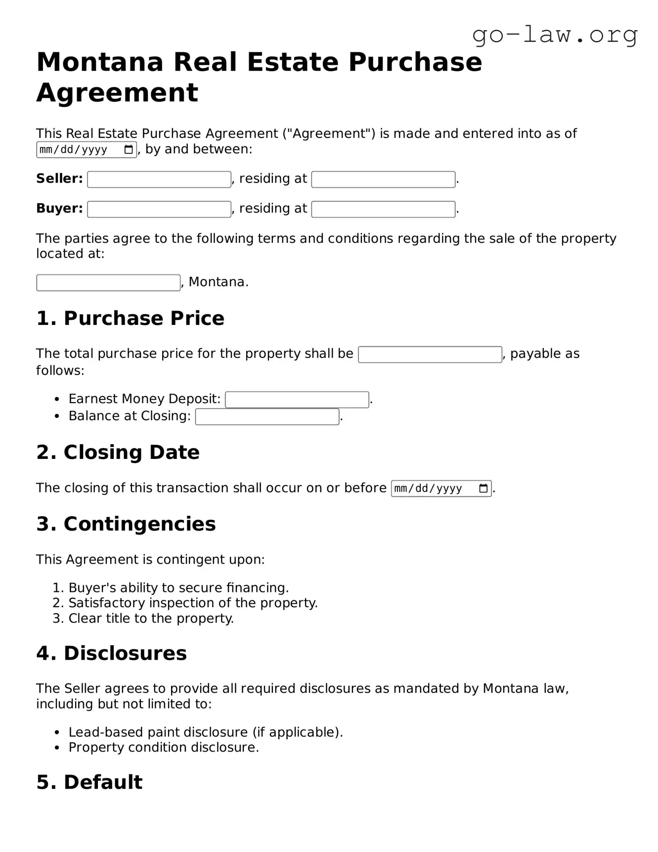Fillable Montana Real Estate Purchase Agreement Form