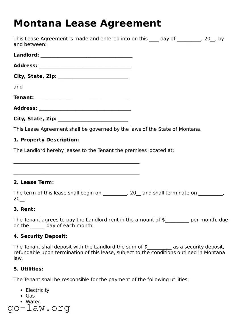 Fillable Montana Lease Agreement Form