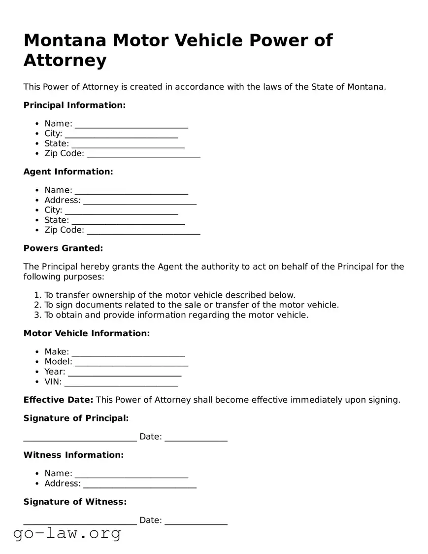 Fillable Montana Motor Vehicle Power of Attorney Form