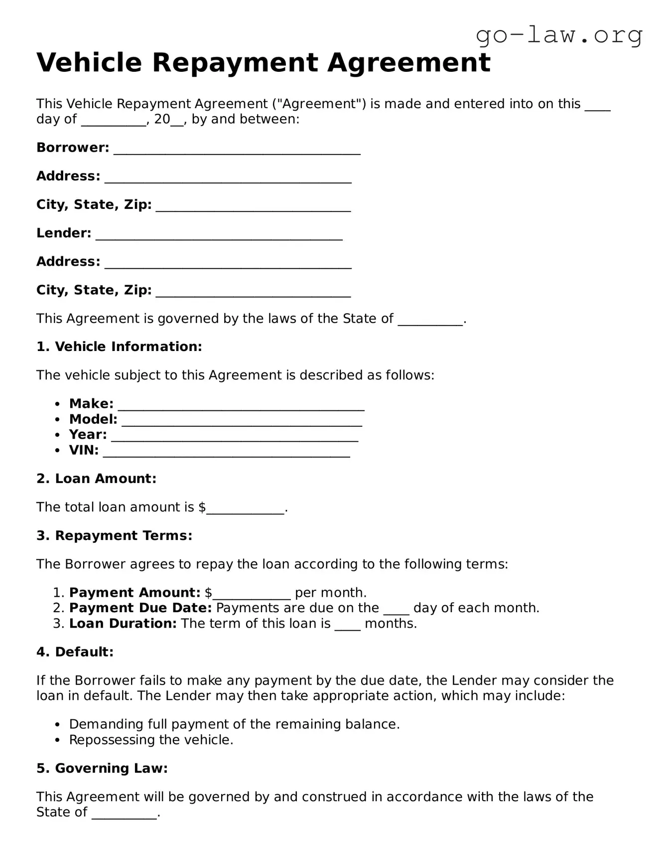 Blank Vehicle Repayment Agreement Template