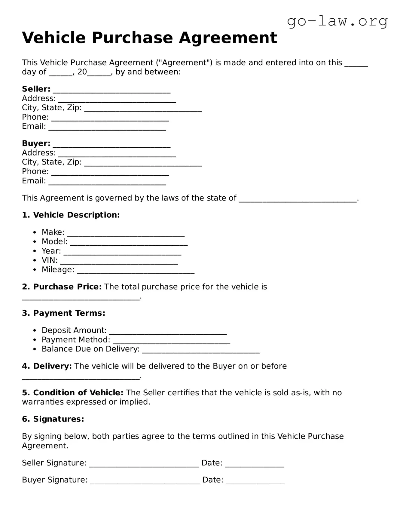 Blank Vehicle Purchase Agreement Template